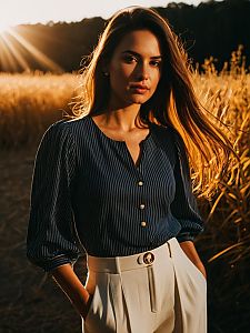Elegant Woman in Navy Blouse and White Trousers Standing in Sunlit Field