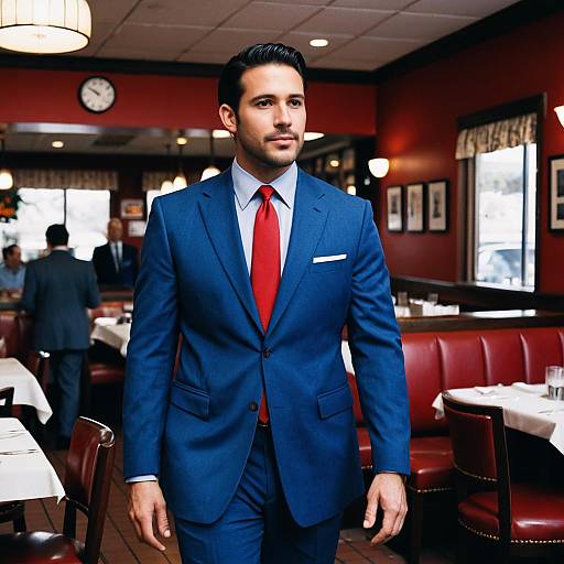 Man in Blue Suit and Red Tie in Classic Restaurant Setting