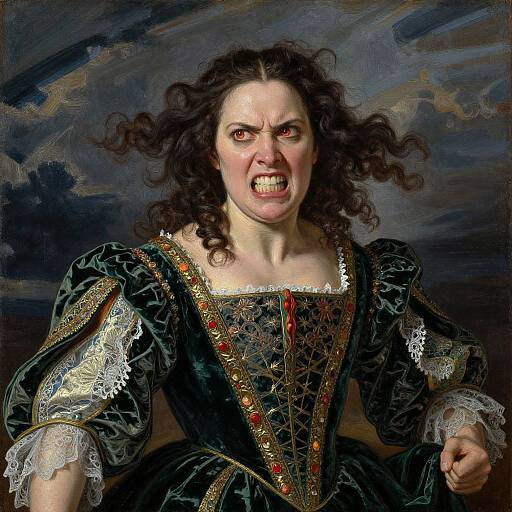 Renaissance Style Fierce Woman Portrait with Glowing Eyes