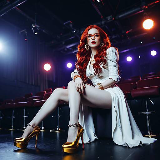 Glamorous Red-Haired Woman in White Dress and Gold Heels in Dramatic Venue