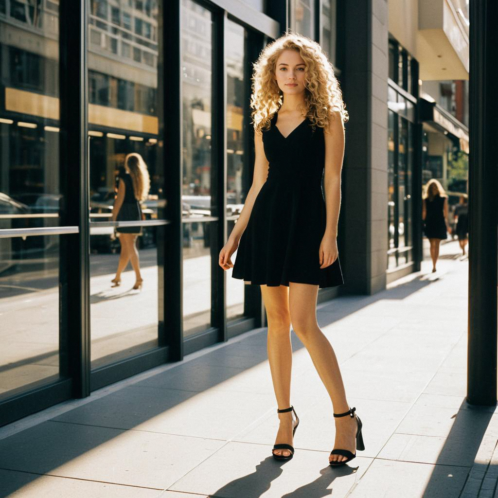 Confident Woman in Black Dress on Urban Sidewalk Confident Woman in Black Dress on Urban Sidewalk