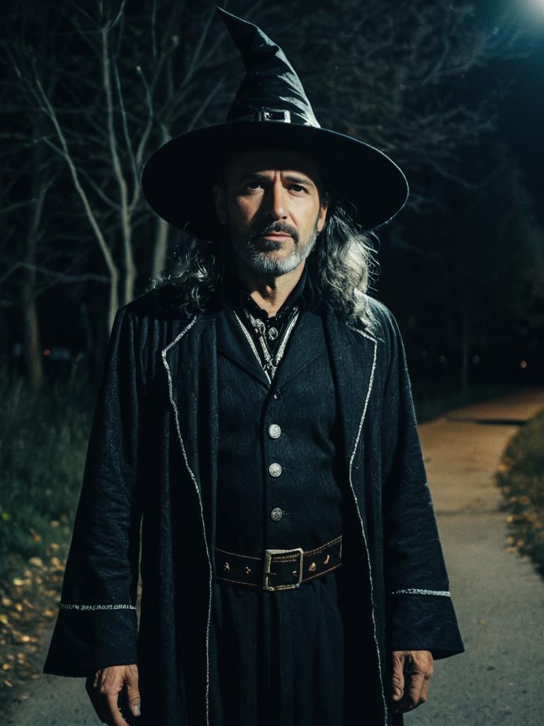 Man in Modern Witch Costume Photorealistic Outdoor Night Portrait
