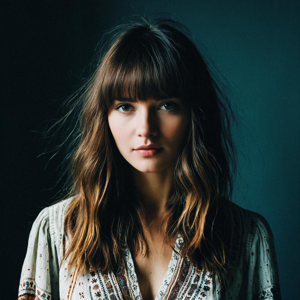 Portrait of Young Woman in Bohemian Style Blouse with Wavy Hair
