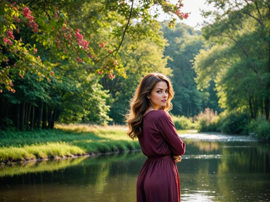 Woman in Maroon Dress by Tranquil River