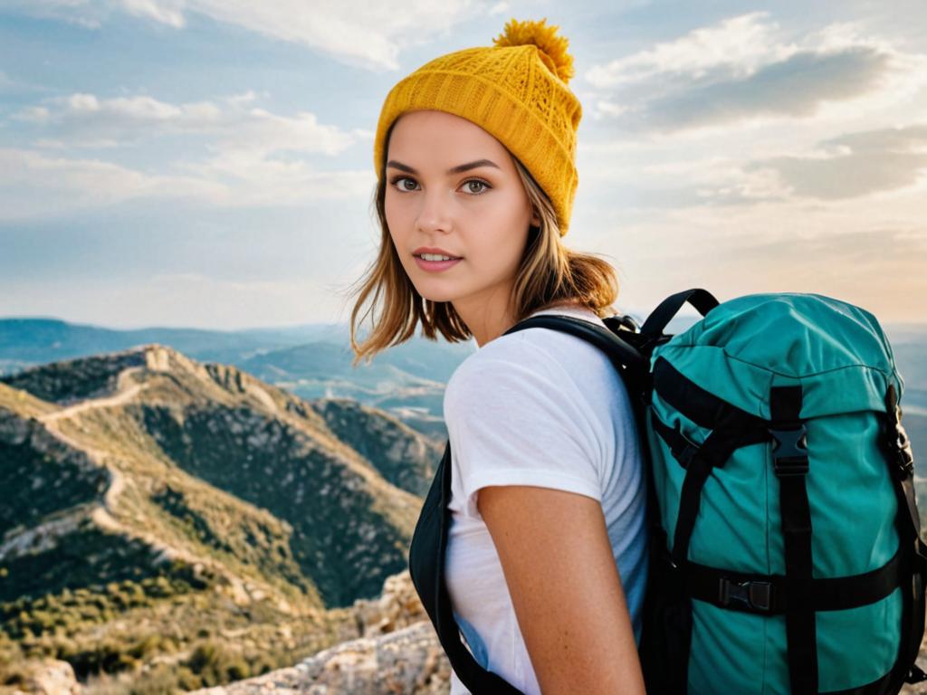 Woman in Blue Tank Top with Backpack in Mountains