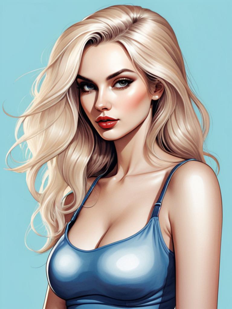Digital Art Portrait of Blonde Woman in Blue Tank Top