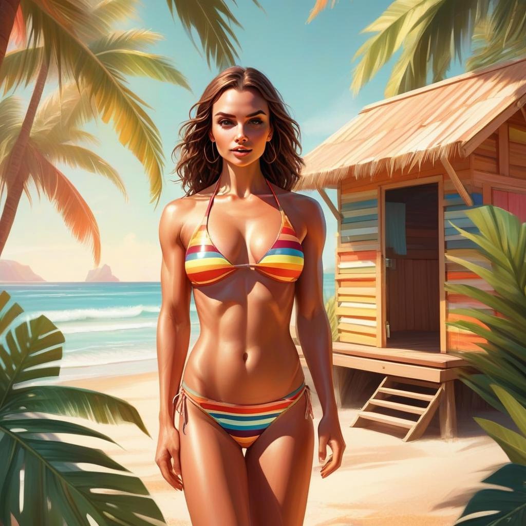 Woman on Tropical Beach in Colorful Bikini