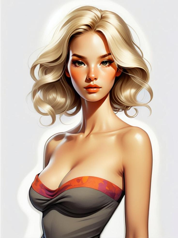 Digital Illustration of Blonde Woman in Strapless Top with Floral Accent
