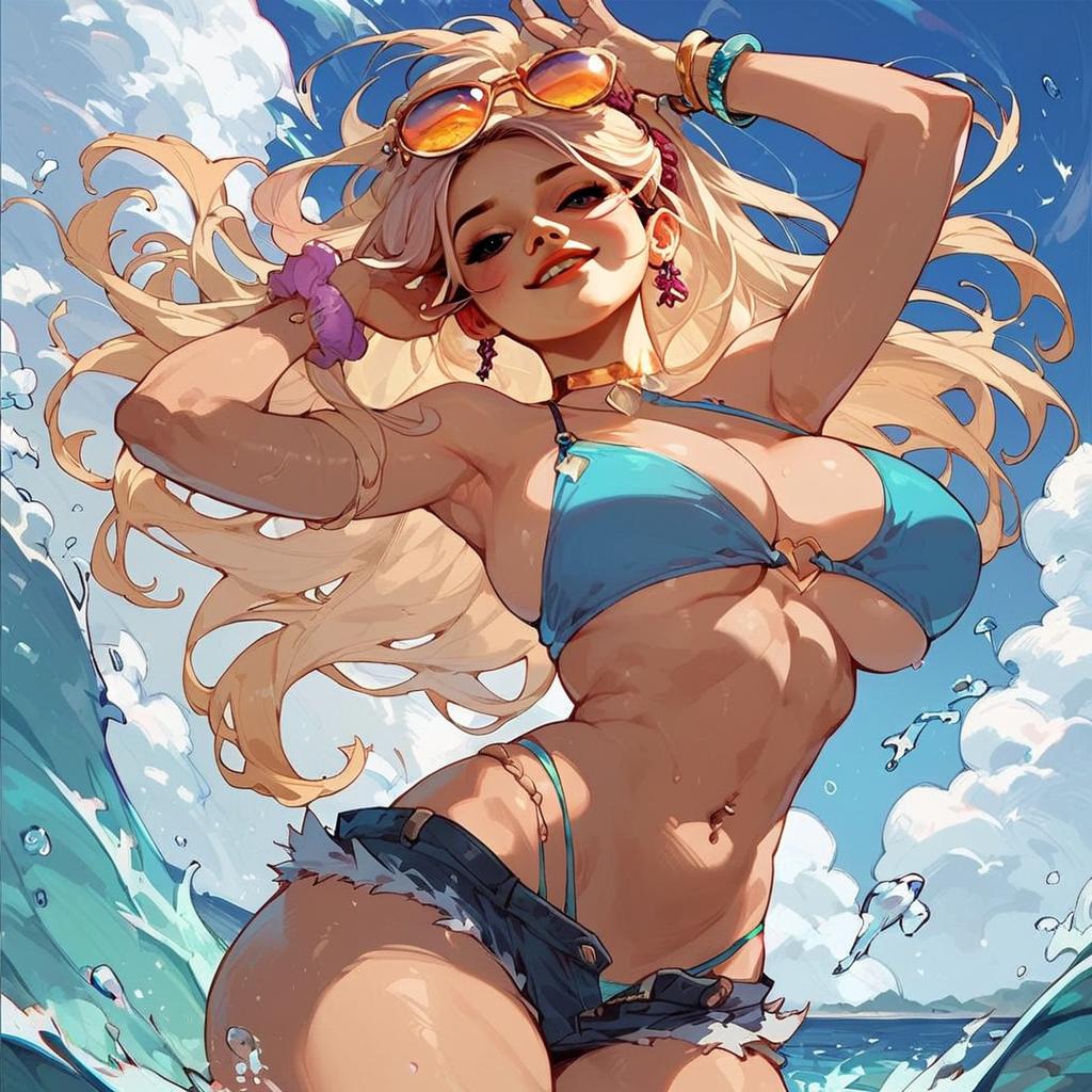 Anime Style Blonde Woman in Blue Bikini on Beach Digital Illustration