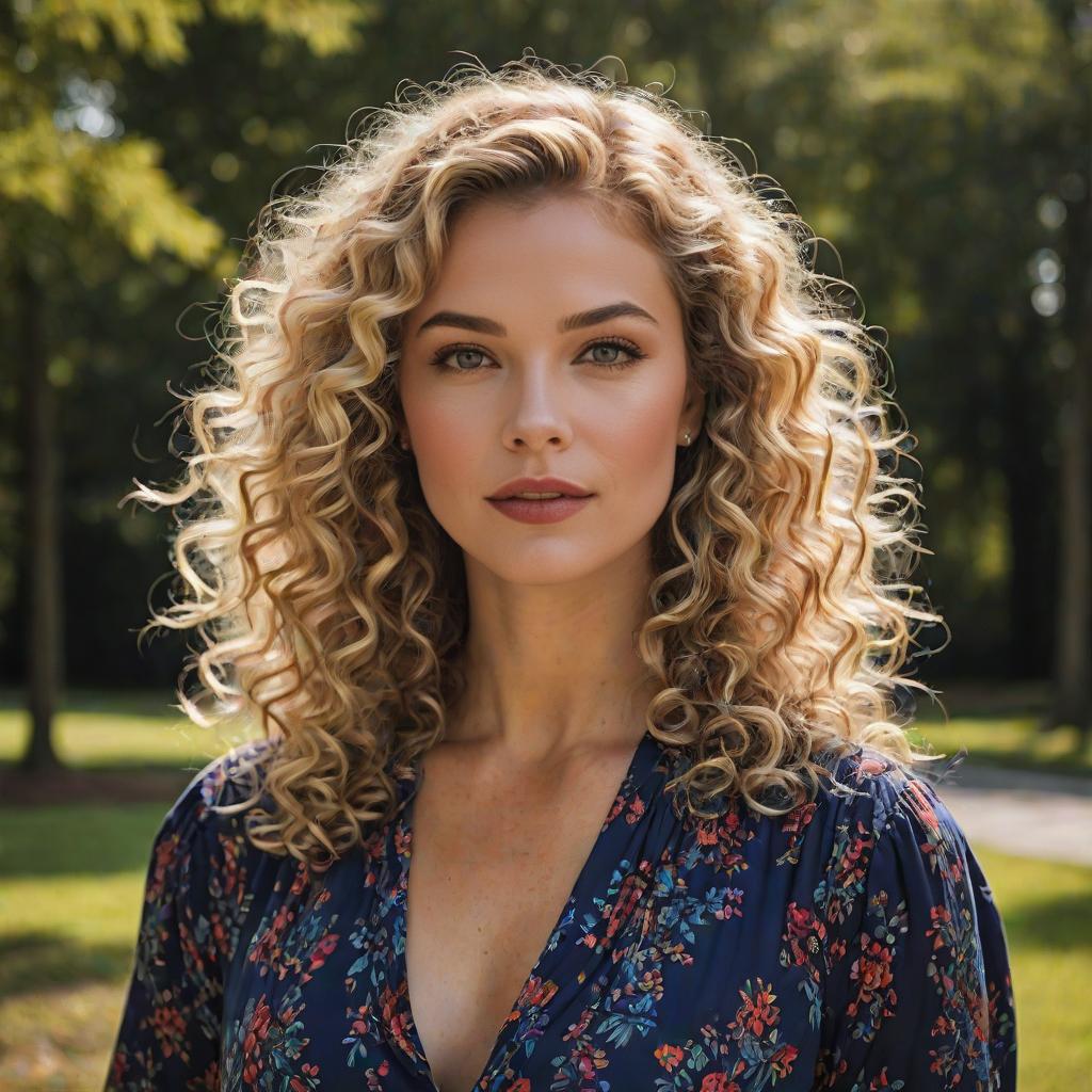 Blonde Woman with Curly Hair in Floral Dress Outdoor Portrait Blonde Woman with Curly Hair in Floral Dress Outdoor Portrait