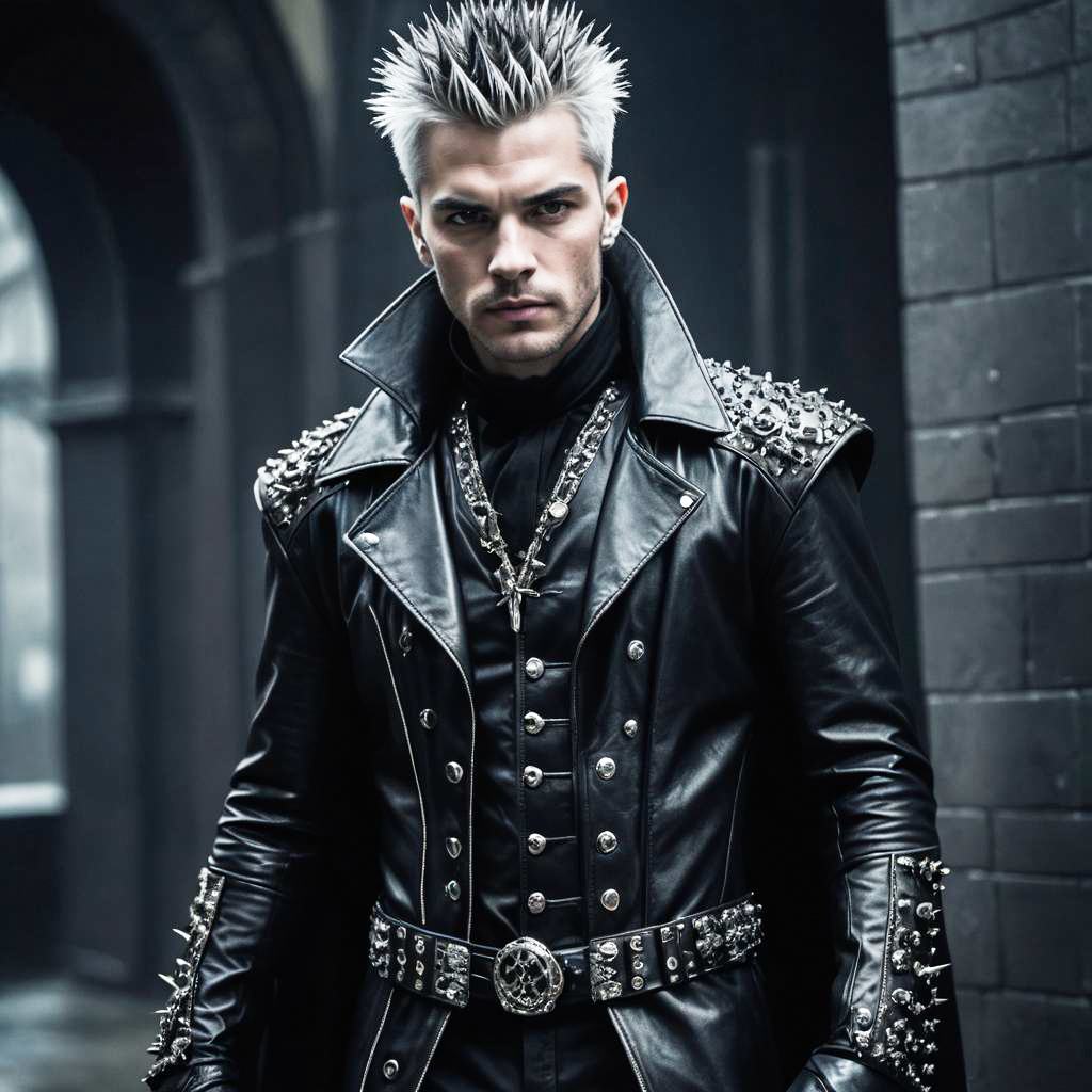 Man in Spiky Hair and Leather Outfit in Urban Setting