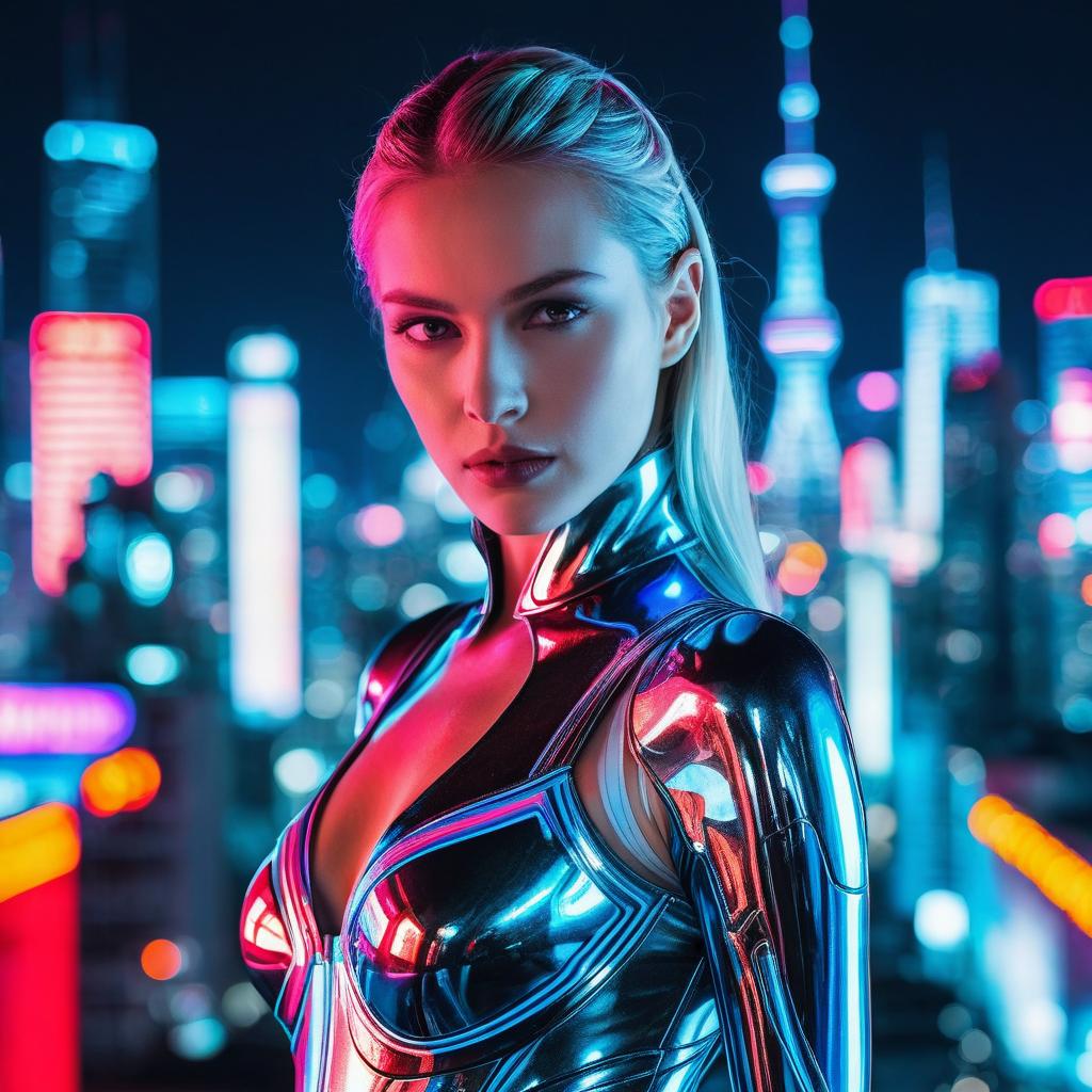 Futuristic Woman in Metallic Bodysuit Against Neon Cityscape Futuristic Woman in Metallic Bodysuit Against Neon Cityscape
