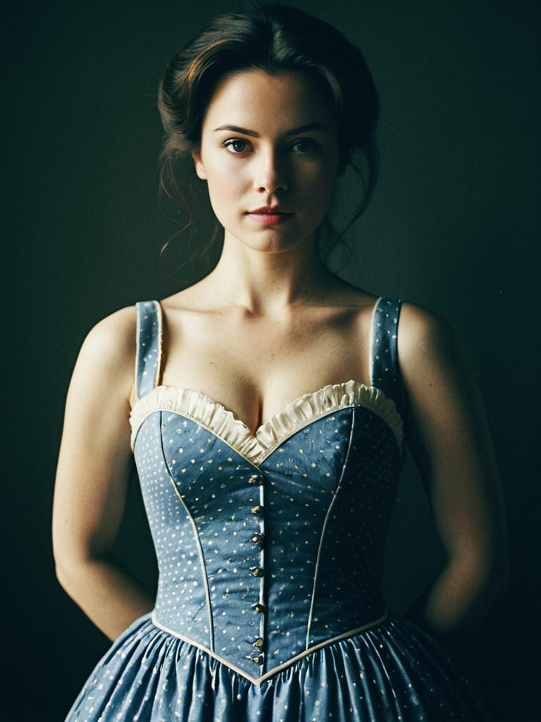 Woman in Belle Dress Waist Up Editorial Photorealistic Portrait