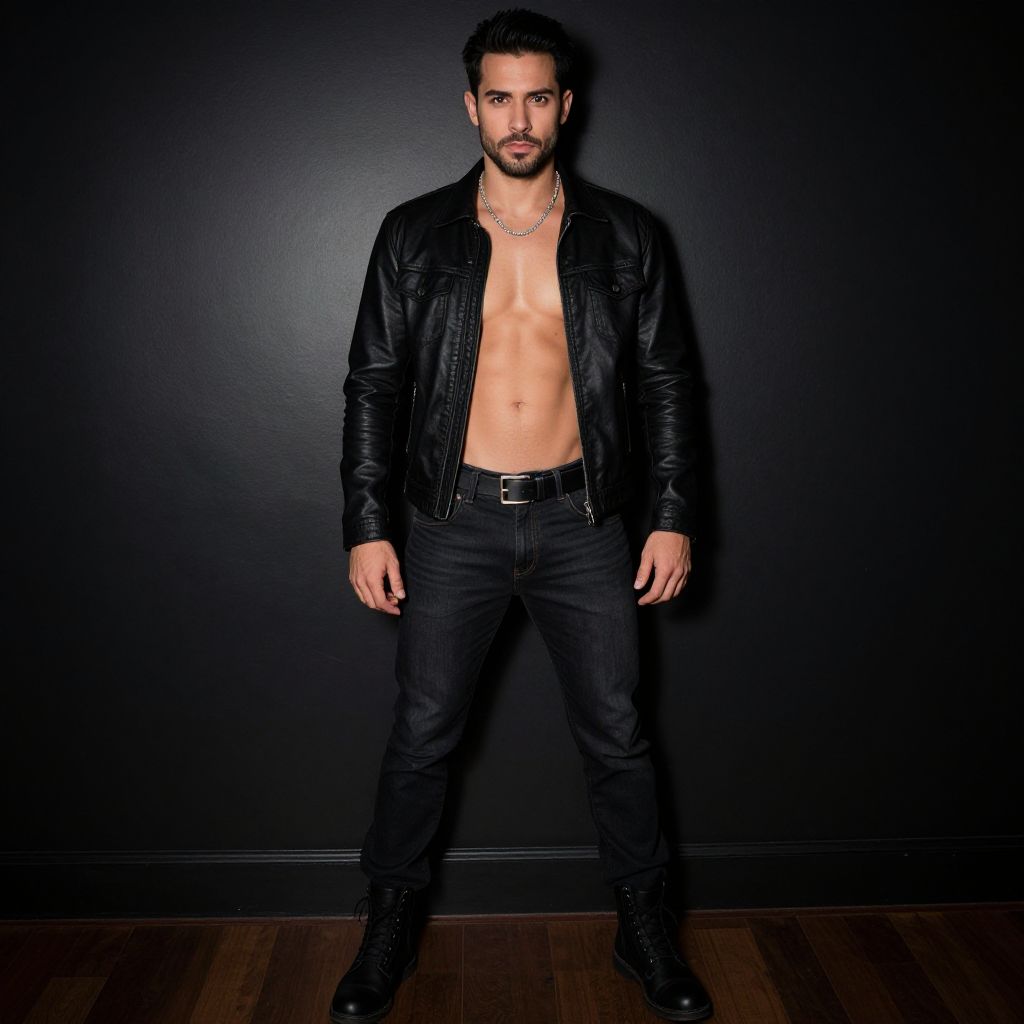 Stylish Man in Black Leather Jacket and Jeans Against Dark Background