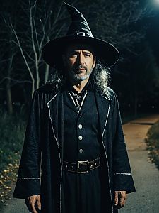 Man in Modern Witch Costume Photorealistic Outdoor Night Portrait
