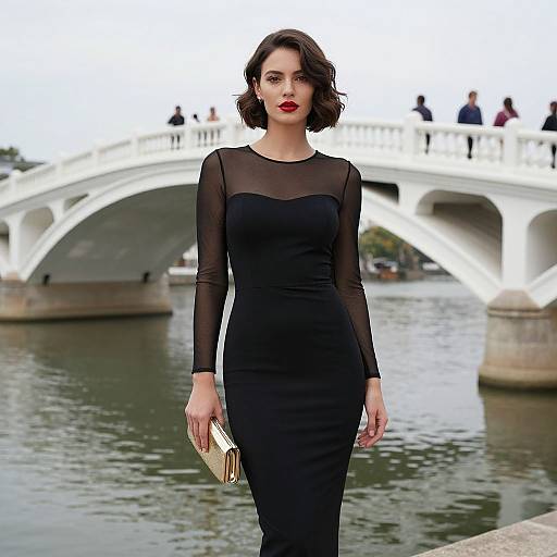 Elegant Woman in Black Sheer Dress with Gold Clutch by White Arched Bridge