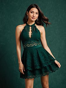 Woman Wearing Forest Green Lace Halter Cocktail Dress