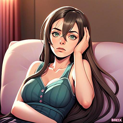 Hanazono Tae Anime Style Digital Portrait Sitting on Couch