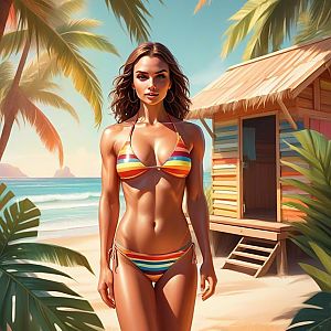 Woman on Tropical Beach in Colorful Bikini