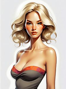 Digital Illustration of Blonde Woman in Strapless Top with Floral Accent