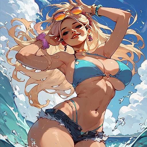 Anime Style Blonde Woman in Blue Bikini on Beach Digital Illustration