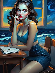 Thoughtful Woman by Stormy Sea at Sunset