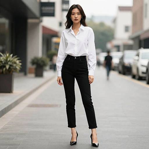 Woman in White Shirt and Black Pants Stylish Street Fashion