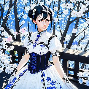 Elegant Woman in Blue Floral Gown on Balcony with Cherry Blossoms