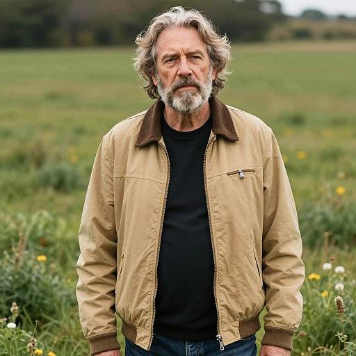 Man in Tan Jacket Standing in Field with Contemplative Expression