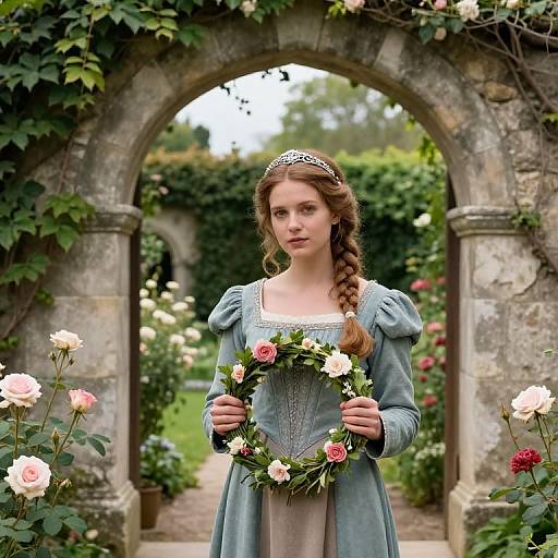 Young Woman in Medieval Dress Holding Floral Wreath in Garden Archway