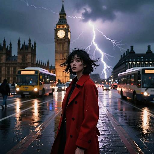 Woman in Red Coat on Rainy London Street with Lightning and Big Ben