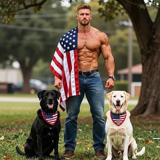Muscular Man with American Flag and Dogs Wearing Patriotic Bandanas