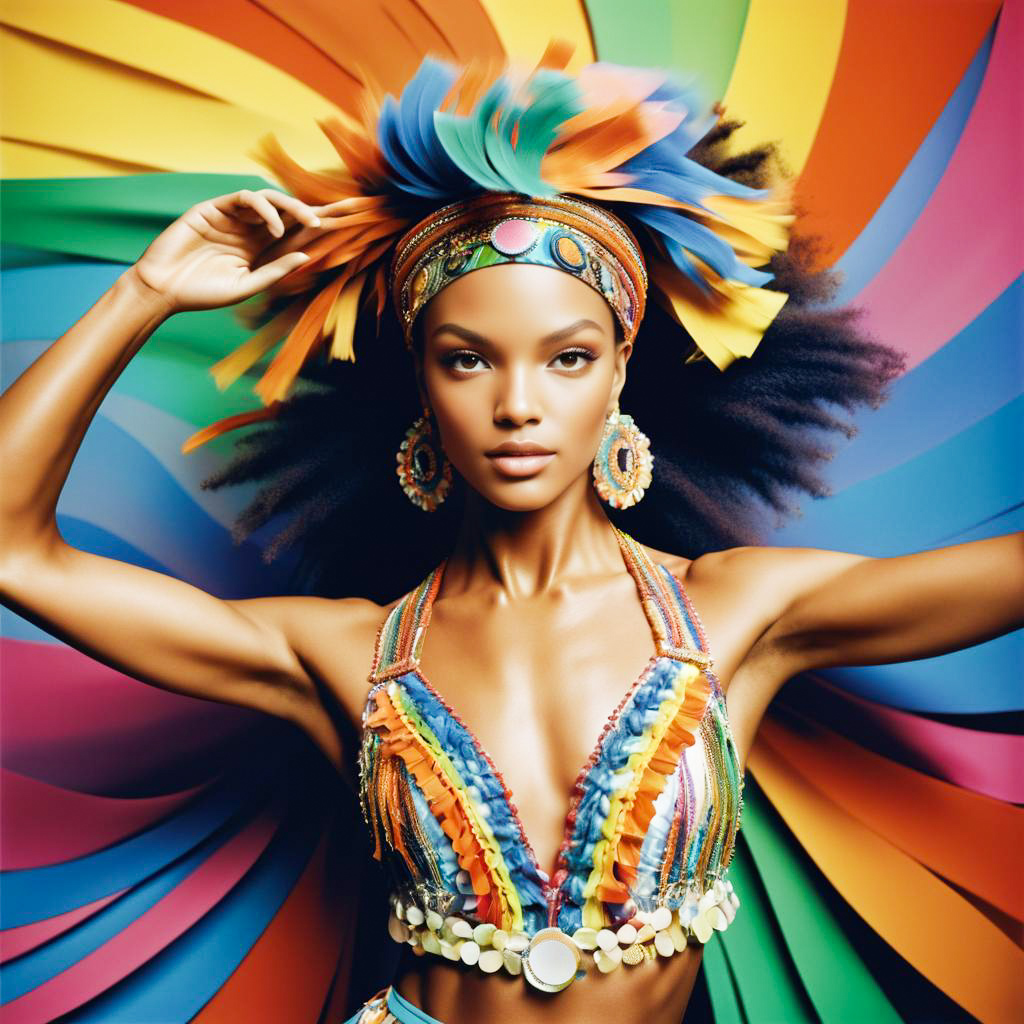 Woman in Colorful Feathered Headdress and Dazzling Outfit