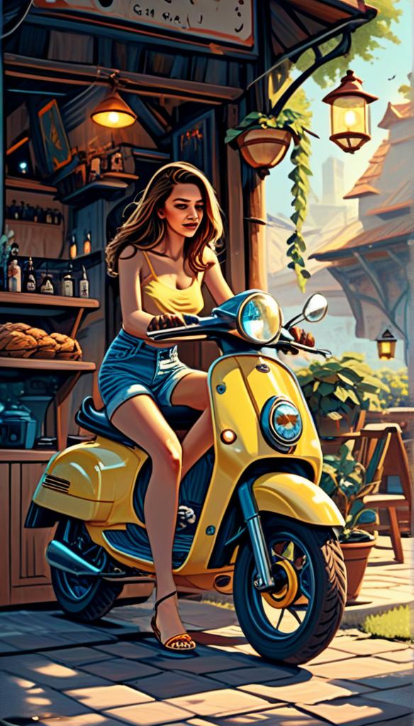 Woman Riding Yellow Scooter at Outdoor Café Woman Riding Yellow Scooter at Outdoor Café