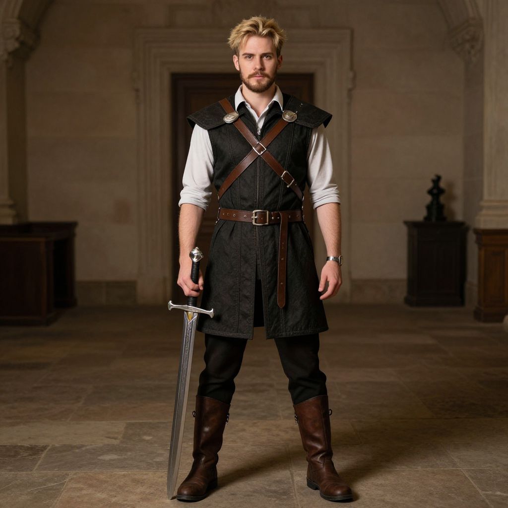 Medieval Inspired Man Holding Sword in Historical Costume