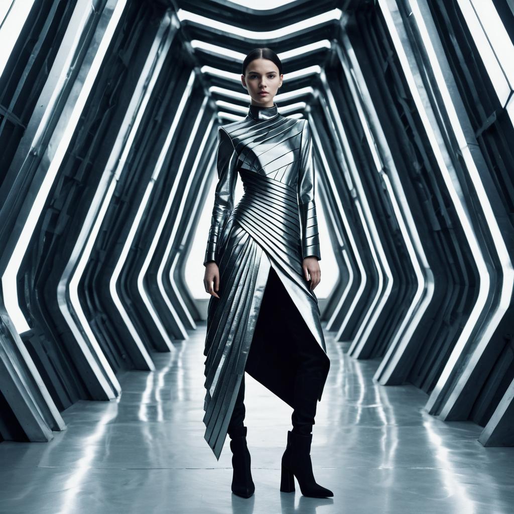 Futuristic Woman in Metallic Pleated Dress in Modern Corridor