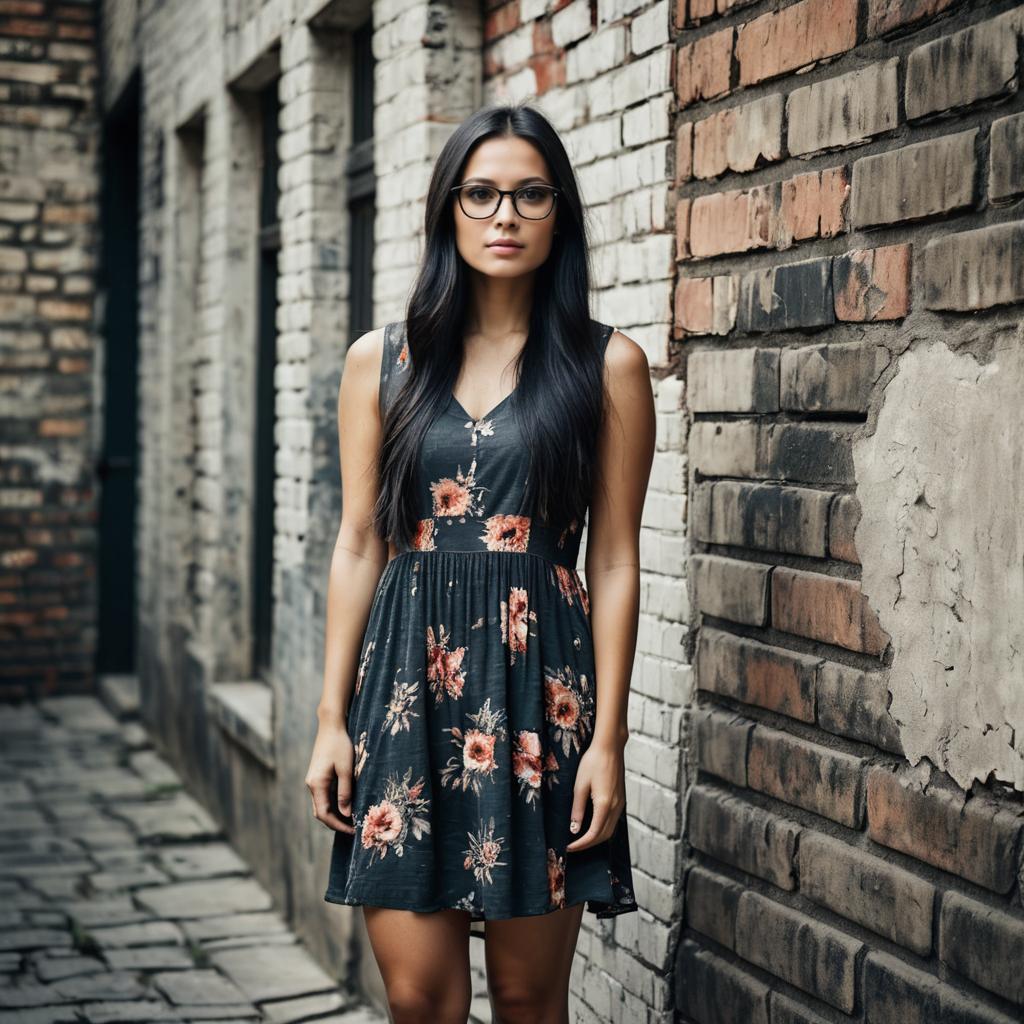 Young Woman in Floral Dress Standing in Urban Alleyway