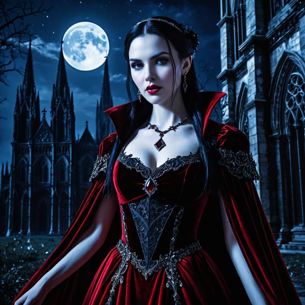 Gothic Vampire Woman in Red Dress by Moonlit Cathedral