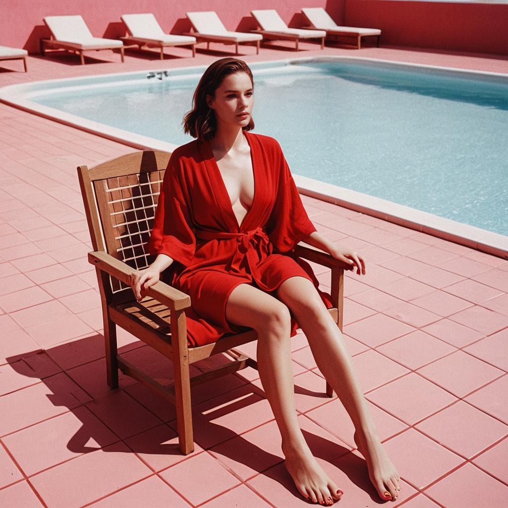 Woman in Red Robe Sitting by Pool on Pink Tiles
