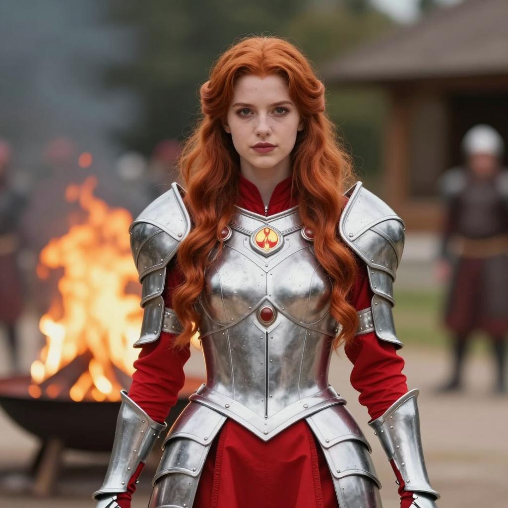 Red-Haired Woman in Shining Medieval Armor with Fire Background