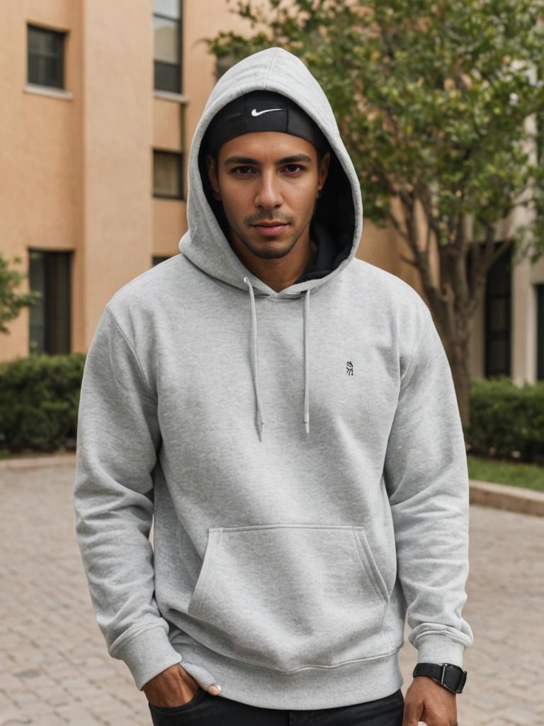 Man in grey hoodie with cap in urban setting