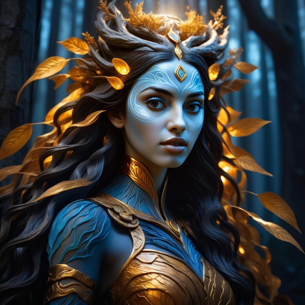 Woman in Nature-Inspired Armor with Golden Leaves