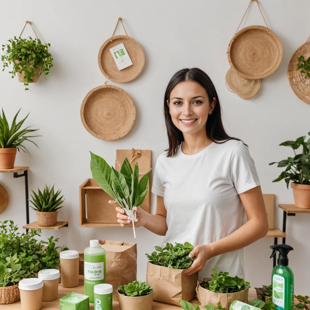 Woman Promoting Eco-Friendly Products with Green Plants