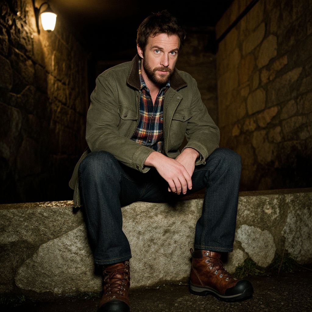 Man Sitting on Stone Bench in Dimly Lit Alleyway with Casual Outdoor Attire