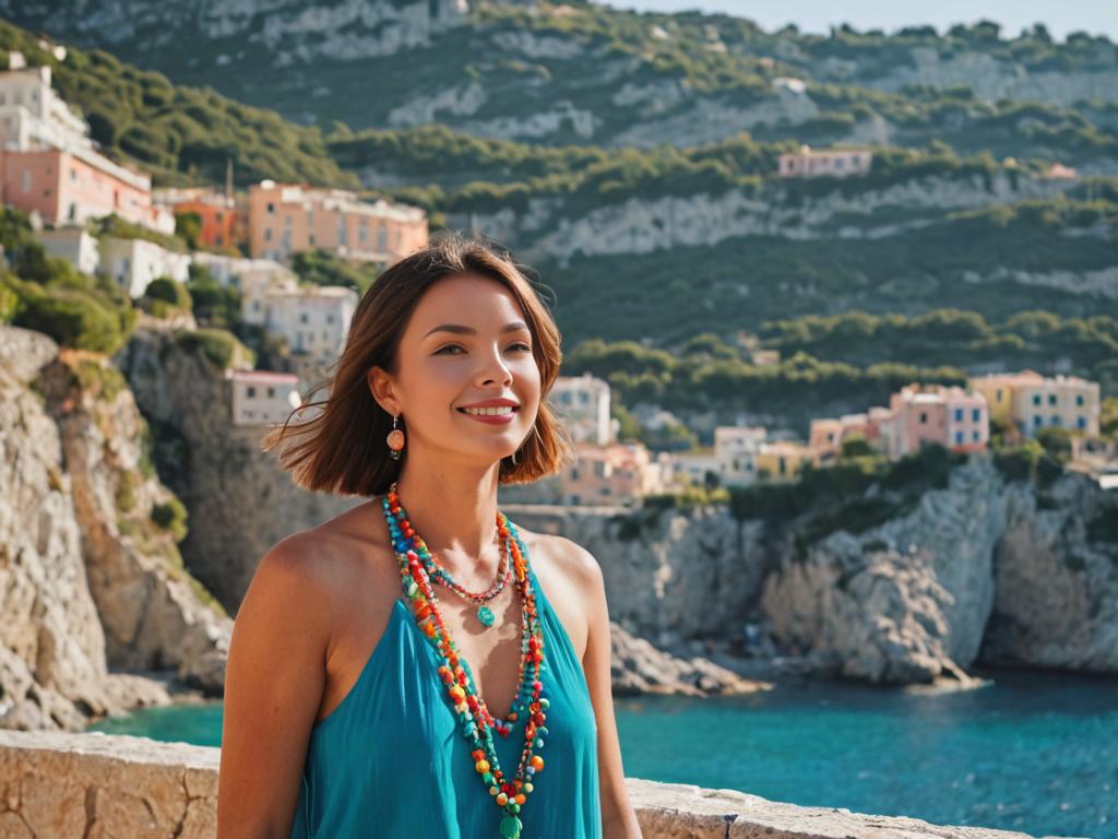 Radiant woman in layered necklace by the coast