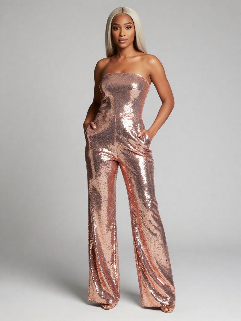 Rose Gold Sequin Strapless Jumpsuit for Gen Z Fashion