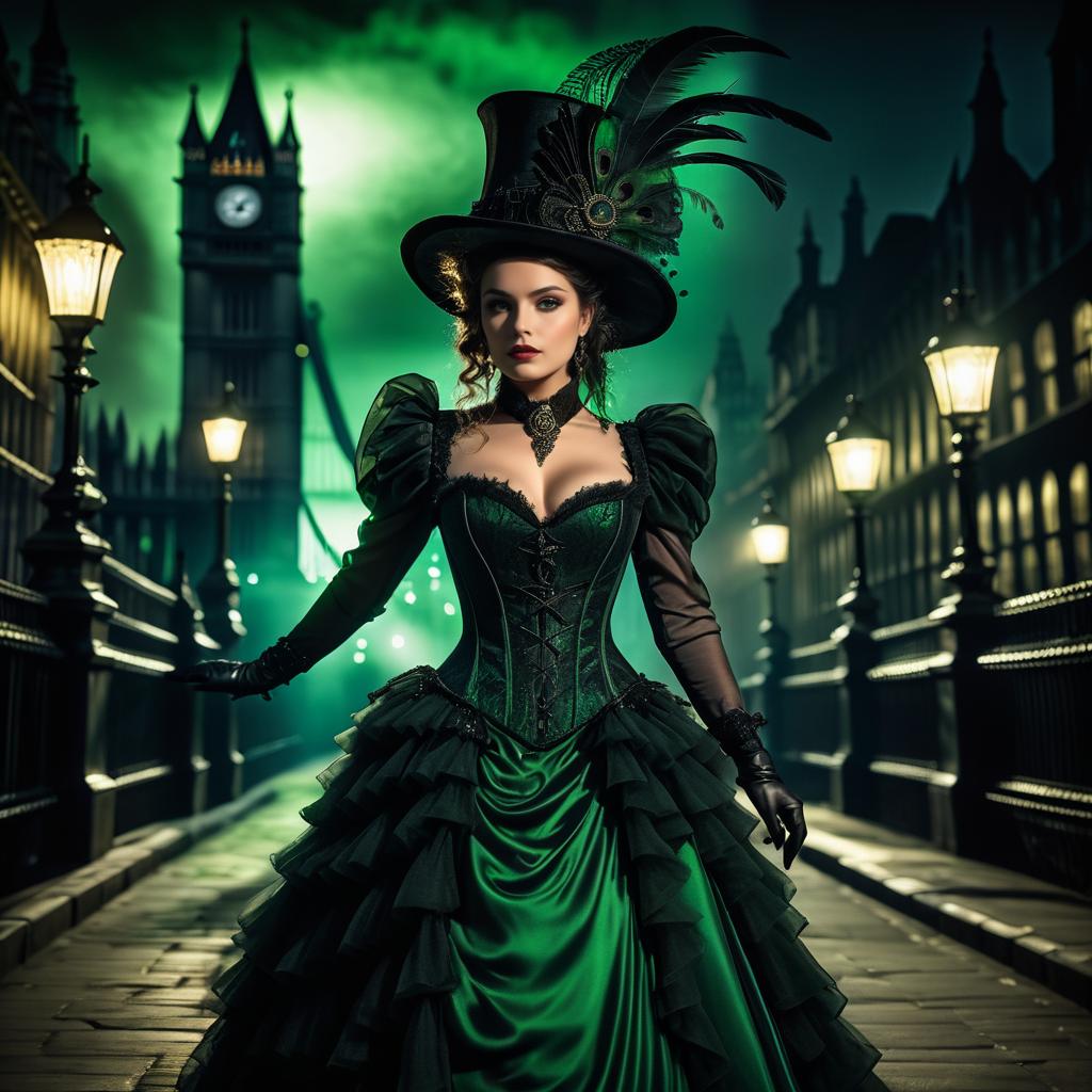 Elegant Woman in Emerald Victorian Gown with Big Ben