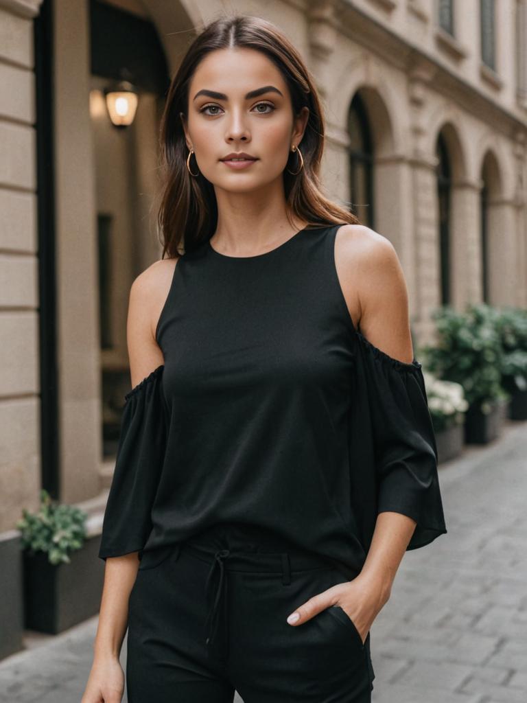 Elegant Woman in Chic Black Outfit Against Urban Backdrop