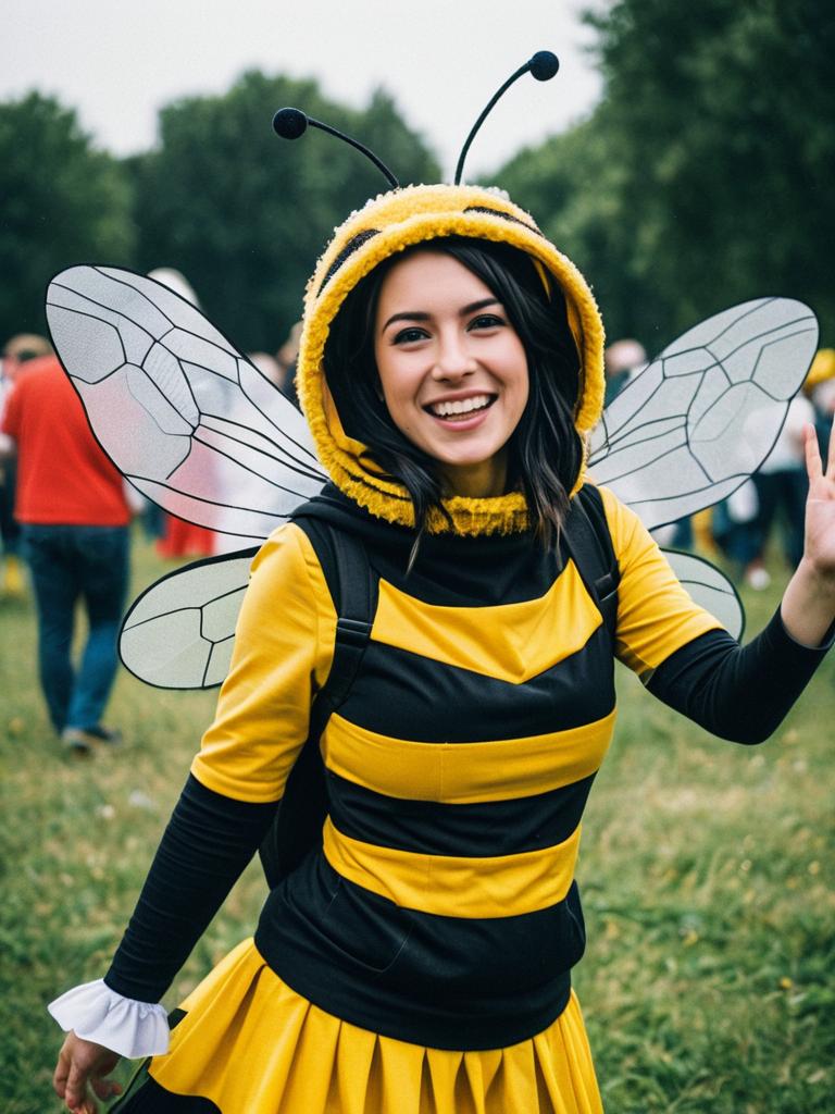 Woman in Bee Dance Costume at Playful Outdoor Cosplay Festival