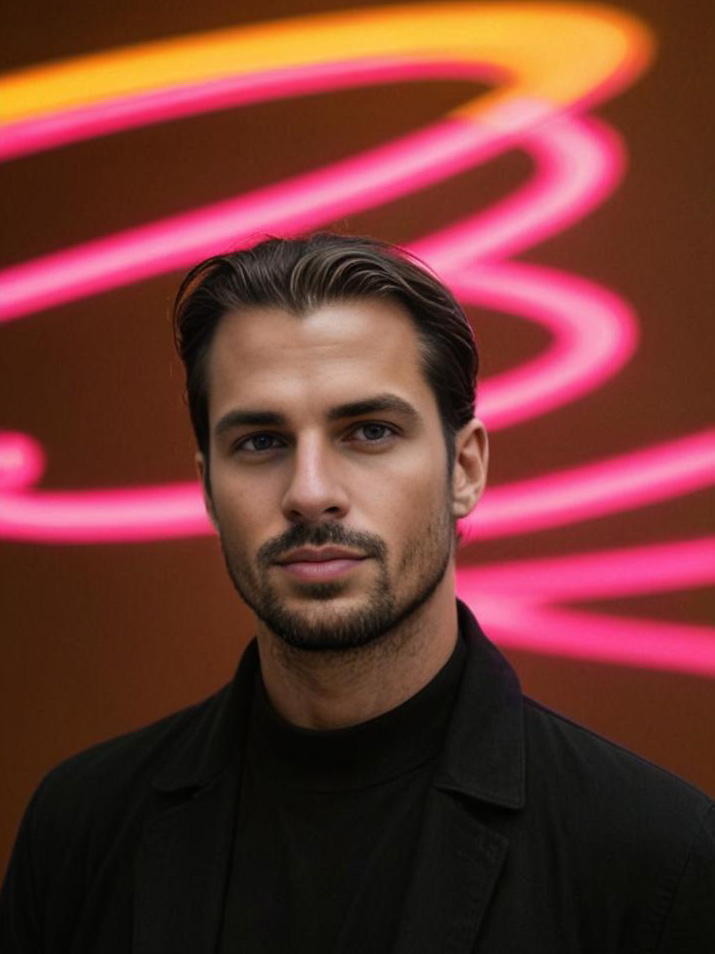 Man in black shirt with neon spirals